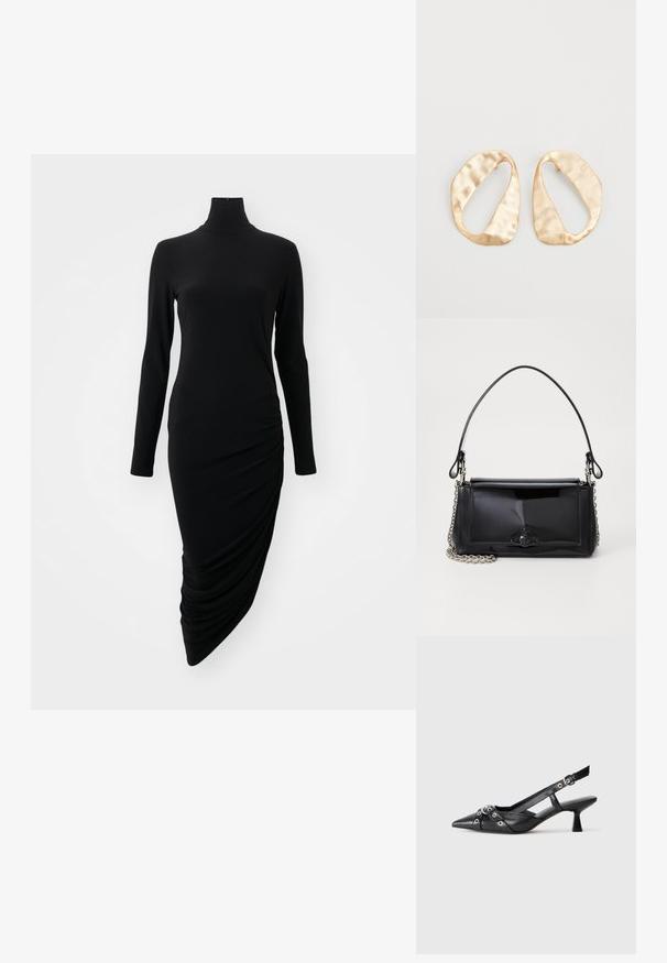Čierne šaty s dlhým rukávom a vysokým golierom, s riaseným dizajnom na jednej strane, vyrobené z hladkej, elastickej tkaniny.; Čierne kožené slingback topánky s špicatou špičkou, ozdobnými popruhmi s kovovými očkami a nízkym blokovým podpätkom. Textúrovaný povrch.; Čierna laková kožená kabelka s obdĺžnikovým tvarom, reťazovým popruhom a výrazným hardvérovým prvkom v strede. Hladká textúra.; Pár nepravidelných oválnych zlatistých kovových náušníc s textúrovaným, mierne rozbitým povrchom na bielom pozadí.