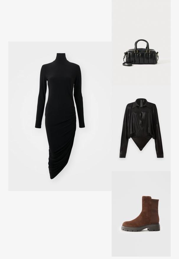 Juoda ilga rankovė su aukštu kaklu, su raukšlėtu dizainu vienoje pusėje, pagaminta iš glotnaus, tampraus audinio.; Juodas bodžiukas su ilgomis rankovėmis, V formos iškirpte ir prigludusia siluetu. Pagamintas iš blizgaus, lygaus audinio su struktūrizuotu apykakle ir rankogaliais.; Rudos suedes batai iki kulkšnių su elastingais šonų intarpais, apvaliu nosiu ir stora gumuota pašluota, turinčia tekstūruotą protektorių.; Juodas odinis rankinukas su pūkuotu dizainu, dviem trumpomis rankenomis ir nuimamu peties diržu. Auksinės spalvos detalės.