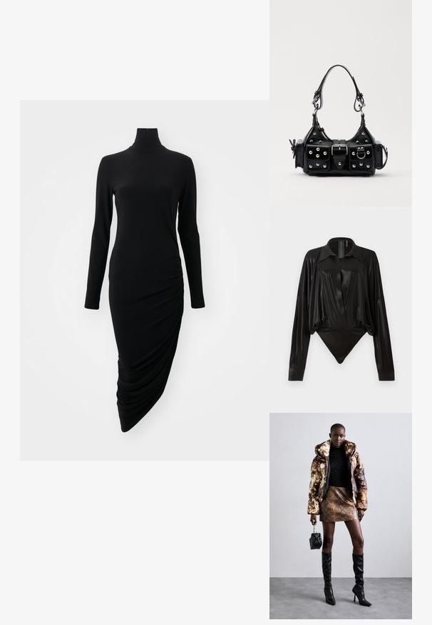 Černé šaty s dlouhým rukávem a vysokým výstřihem, s nařaseným designem na jedné straně, vyrobené z hladkého, elastického materiálu.; Černý body s dlouhými rukávy, výstřihem do V a přiléhavým střihem. Vyrobeno z lesklého, hladkého materiálu se strukturovaným límcem a manžetami.; Puffa bunda s hnědým a černým vzorem, zkombinovaná s hnědou mini sukní s hadím vzorem, černými vysokými botami a malou černou taškou.; Černá kožená kabelka s křivkovým designem, zdobená stříbrnými hřebíky, s přezkou a dvěma bočními kapsami. Nastavitelný popruh pro různé možnosti nošení.