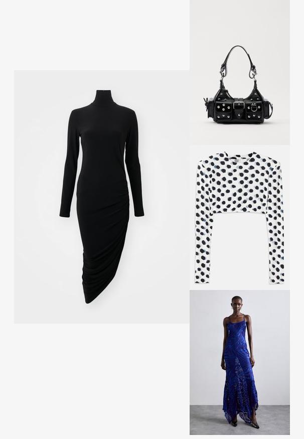 Czarna sukienka z długim rękawem i wysokim dekoltem, z marszczeniami po jednej stronie, wykonana z gładkiego, elastycznego materiału.; Krótką bluzkę z długim rękawem z elastycznego białego materiału z czarnym wzorem w kropki, o gładkiej fakturze i okrągłym dekolcie.; Maxi sukienka w niebiesko-fioletowy wzór zwierzęcy, z cienkimi ramiączkami, dopasowanym gorsetem, rozkloszowanym dołem i przeźroczystymi detalami.; Czarna skórzana torebka w zakrzywionym kształcie, z srebrnymi ćwiekami, klamrą i dwoma bocznymi kieszeniami. Regulowany pasek umożliwiający różne opcje noszenia.
