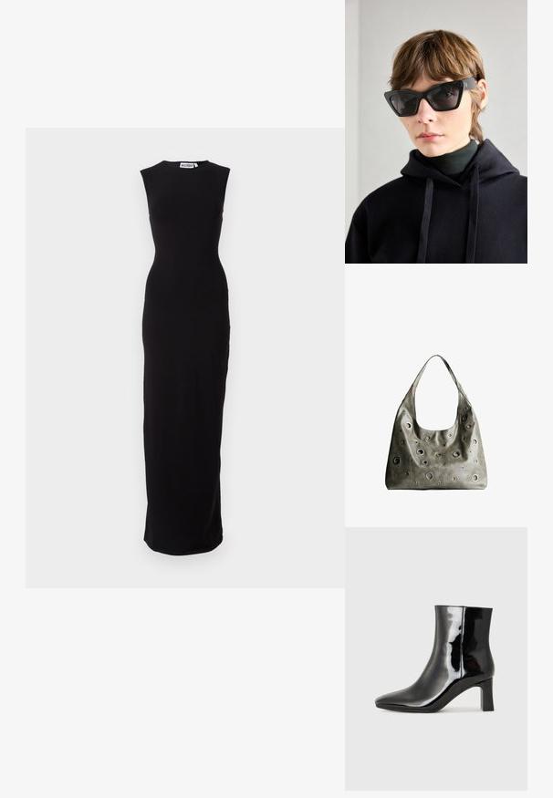 Sort ærmeløs maxikjole med en tætsiddende silhuet. Lavet af glat stof, den har en rund halsudskæring og en lige skæring til kanten.; Sort lakeret ankelstøvle med spids tå og en midt-højde blokhæl. Glat tekstur og minimalistisk design.; Sorte katteøje solbriller med mørke glas, der har et markant vinkelret design. Lavet af glat plast med en blank finish og logo detaljer.; Oliven grøn læderhåndtaske med et slouchy design, der har forskellige størrelser af cirkulære udskæringer og accenter i mørkere og lysere nuancer.