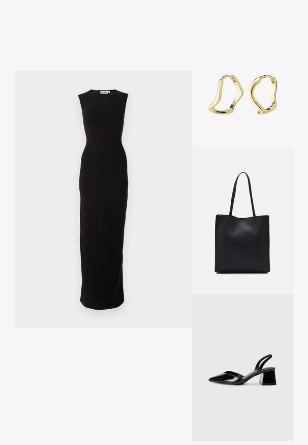 Črna brezmankavna maksi obleka s prilagojeno silhueto. Narejena iz gladkega materiala, ima okrogli izrez in ravno kroj do roba.; Črne lakirane slingback pete s koničastim nosom in geometrijsko blokasto peto. Imajo eleganten, minimalističen dizajn in gladko teksturo.; Črna usnjena torba s svilnato teksturo, pravokotne oblike in dvema dolgima ročajema. Brez vidnih metalnih delov ali okrasnih elementov.; Zlate uhane v obliki obroča z valovito, tekočo zasnovo. Gladka tekstura, odprta oblika in brez vidnih zaponk. Minimalističen in modern videz.