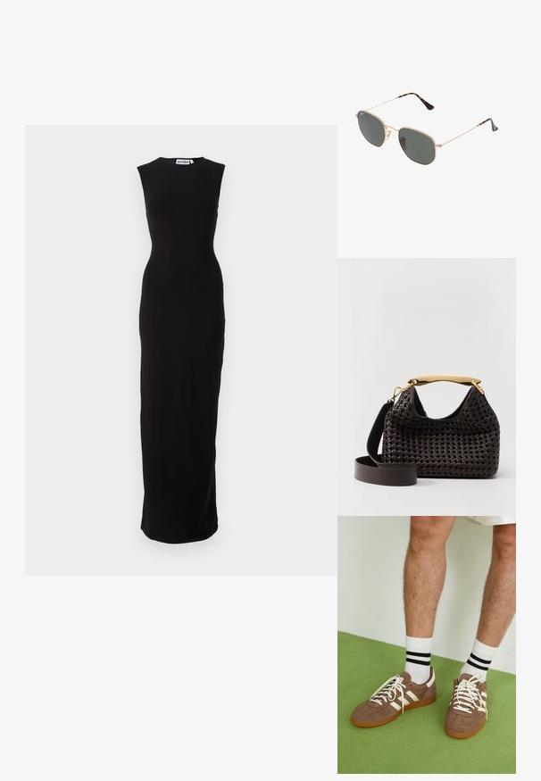 Must mustraga mustriga mustriga maksikleid, millel on sobiv siluett. Valmistatud siledast kangast, sellele on lisatud ümar kaelus ja otsekate hem.; Prune nahkkingad valgete aktsentide ja paeltega. Kummikummist tallad. Kandu valgeid sokke mustade triipudega. Roheline tekstuuriga põrand.; Kuldne metallraamiga prillid tumeroheline lensega, piloot-stiil, millel on õhukesed käepidemed ja kilpkonna mustriga aktsendid otstes.; Elleme BOOMERANG WOVEN - Käekott - brown