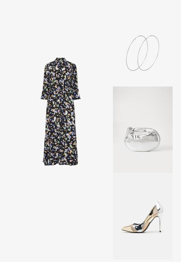 Svart blommig lång klänning med krage, knappar framtill och trekvartslånga ärmar. Har flerfärgade abstrakta mönster över hela.; Spetsig tå högklackad sko med en färgpalett av silver, guld och nude. Glansig yta med utskärningsdesign, utrustad med en stilettklack.; Silverfärgad metallisk påse med en mjuk, rundad form och en knutstängning upptill. Tillverkad av ett mjukt material i konstläder.; Silverfärgade hoopörhängen med en minimalistisk design. Cirkulär form, slät yta och tunn profil. Lätta med en polerad finish.