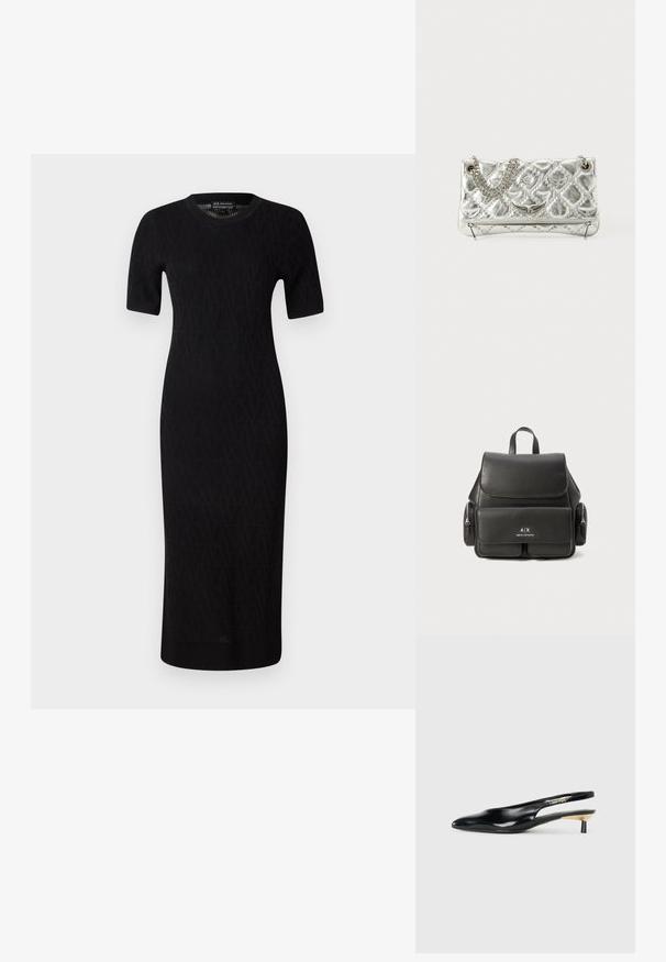 Svart stickad midiklänning med korta ärmar, prydd med ett geometriskt mönster och rund halsringning. Slät textur och figursydd silhuett.; Svart slingback-pump med spetsig tå, glansigt läderfinish och en liten klack med guldaccent. Snygg design med öppen bak.; Svart läderryggsäck med lockstängning, framficka, sidofickor med dragkedja och ett handtag på toppen. Har logotypdetaljer på framsidan.; Silverfärgad metallisk handväska med kedjehandtag, quiltad textur, dekorativ sömnad och dragkedjestängning. Har prägling på framsidan.
