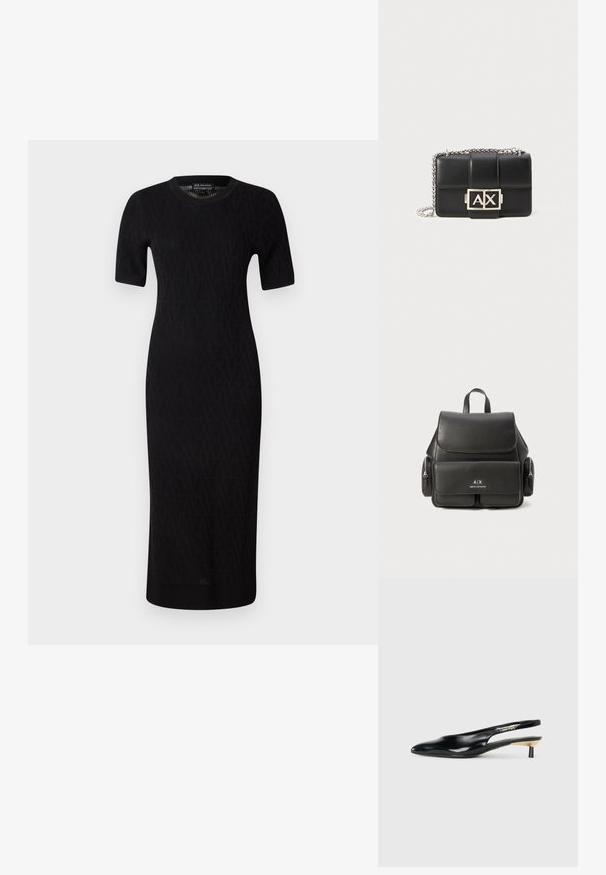 Melna, adīta midi kleita ar īsām piedurknēm, kurai ir ģeometrisks raksts un apaļa kakla izgriezums. Gluda tekstūra un pieguļoša siluets.; Melnas slingback pump kurpes ar smailu purngalu, spīdīgu ādas apdari un mazu papēdi ar zelta akcentu. Elegants dizains ar atvērtu aizmuguri.; Melna ādas mugursoma ar atloku aizdari, priekšējo kabatu, sānu rāvējslēdzēju nodalījumus un augšējo rokturi. Iezīmēta ar logo detaļām priekšpusē.; Melnas ādas rokassomu ar quiltēta dizaina, sudraba ķēdes siksnu un izteiksmīgu sudraba "AX" logotipu priekšpusē. Kompaktā taisnstūra forma.