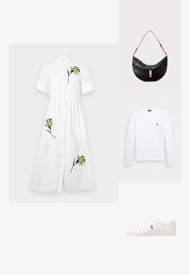 Rochie albă din bumbac, cu mâneci scurte, închidere cu butoane pe față, talie strânsă și broderie florală verde și albastră pe funda stângă și margine.; Cămașă albă cu mâneci lungi, din bumbac, cu guler rotund, având un logo mic în nuanță de bleumarin pe pieptul stâng. Design simplu, croi normal.; Adidași din piele albă, design de tip low-top, cu o textură netedă, vârf rotund, față șiretată și un mic logo brodat pe lateral.; Geantă de piele neagră în formă de jumătate de lună. Dispune de un accent din metal auriu și o curea îngustă. Textură netedă, închidere cu fermoar în partea de sus.