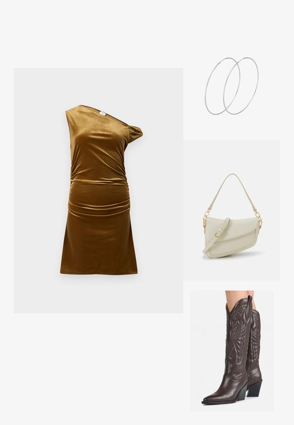 Hnedé zamatové šaty, dizajn s jedným ramenom, nariadenia v oblasti pásu, hladká textúra, krátka dĺžka a priliehavý strih.; Hnedé kožené kovbojské topánky s špicatou špičkou a blokovým podrážkou, so zložitým prešívaním a vyvýšenými akcentmi na puzdre.; Malá krémová kabelka s textúrovaným povrchom, dlhým nastaviteľným popruhom, reťazovým detailom a klopovým uzáverom. Zlaté kovové prvky.; Strieborné kruhové náušnice s minimalistickým dizajnom. Cirkulárny tvar, hladký povrch a tenký profil. Ľahké s lesklým povrchom.