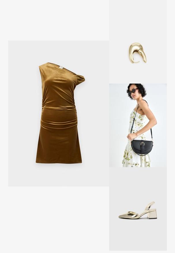 Rjava žametna obleka, z enostranskim dizajnom, nagubana podrobnost na pasu, gladka tekstura, kratka dolžina in prilegače silhueto.; Zlati, kovinski slingback čeveljci z ostrim nosom in masivnim peto. Gladka tekstura, minimalistična zasnova in ozka zanka.; Črna usnjena torbica s ukrivljeno obliko, z odstranljivo naramnico in zlatimi dodatki. Torbica ima pokrov s podrobnostmi v obliki zaponke.; Uhane nakit iz zlatastega tona z gladko, ukrivljeno zasnovo. Ima edinstveno koničasto obliko, polirano površino in zaponko s tečajem.