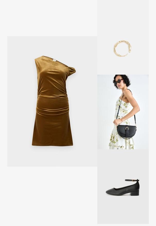 Rjava žametna obleka, z enostranskim dizajnom, nagubana podrobnost na pasu, gladka tekstura, kratka dolžina in prilegače silhueto.; Črne usnjene pumpice z nazobčanimi prsti in nizko blokasto peto. Imajo trak okoli gležnja z zaponko v zlatem tonu. Gladka tekstura.; Črna usnjena torbica s ukrivljeno obliko, z odstranljivo naramnico in zlatimi dodatki. Torbica ima pokrov s podrobnostmi v obliki zaponke.; Zlati prstan s organskim, zvitim dizajnom, gladko površino in taperiranimi konci, ki ustvarja modernega, skulpturalnega videza.