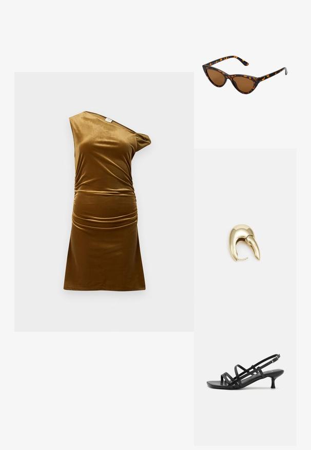 Smeđi baršunasti haljina, dizajn s jednim ramenom, naborani detalji u struku, glatka tekstura, kratka dužina i prilagođen silueta.; Crne sandale na visokoj potpetici s višestrukim križnim trakama. Glatki materijal, šiljati vrh i uska peta. Podesiva traka oko gležnja s kopčanjem.; Sunglasses u obliku mačjih očiju s okvirom u crno-narančastom kornjačevom uzorku, smešnim lećama i elegatnim, šiljastim vrhovima. Sadrži minimalni logo na dršci.; Zlatne metalne naušnice s elegantnim, zakrivljenim dizajnom. Imaju karakterističan šiljast oblik, poliranu površinu i zatvaranje na šarku.