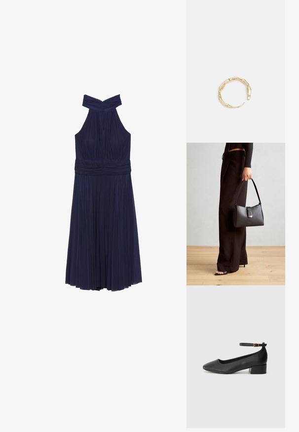 Granatowa sukienka na ramiączkach z plisowanym dołem i zbieraną górą. Posiada skręcony dekolt oraz elastyczną talię dla wygody.; Czarne skórzane szpilki z ostrym noskiem i niskim słupkowym obcasem. Wyposażone w pasek na kostkę z złotym zapięciem. Gładka tekstura.; Czarna torebka o usztywnionym kształcie, gładkiej fakturze i metalowym zapięciem. Połączona z szerokimi czarnymi spodniami i sandałami na otwartym palcu na drewnianej podłodze.; Pierścionek w odcieniu złota z organicznym, skręconym wzorem, o gładkiej fakturze i zwężających się końcach, tworzący nowoczesny, rzeźbiarski wygląd.