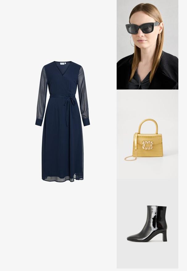 Navy kék, átlós fazonú ruha mély V-nyakkivágással, hosszú átlátszó ujjal és megkötős övvel. Jellemzője a lebegő szoknyája, amely réteges textúrájú.; Fekete lakk bőrcipő bokáig érő, hegyes orral és közepes magasságú tömbsarokkal. Simább textúrával és minimalista dizájnnal rendelkezik.; Fekete macskaszem napszemüveg sötét lencsékkel, vastag kerettel és diszkrét díszítésekkel. Fekete kabátot és szürke felsőt visel, hosszú egyenes hajjal.; Sárga műbőr krokodil mintás kézitáska strukturált kialakítással, felső fogantyúval, leválasztható lánccal és díszes kristály díszítéssel a záron.