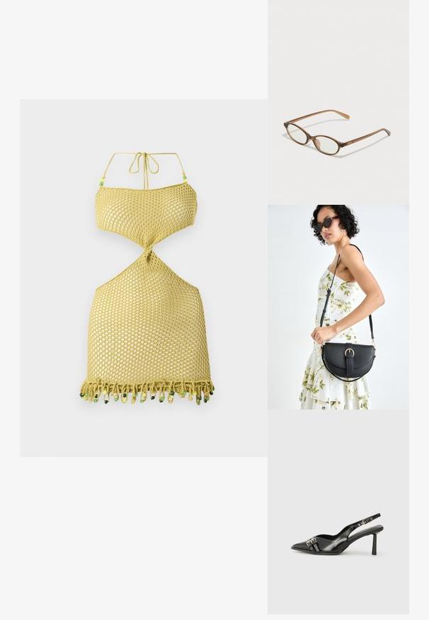 Kollane koonuskleidis, millel on kaelakott ja keeratud disain, avatud külgedega ning värviliste helmedega kaunistatud fringe äär.; Must musta nahk kingad sanga ja terava ninaga, ankle strapidega, millel on hõbedased pandlad ja riistvara ning õhuke konts.; Pruunid kilpkonnaläätsed ovaalsete objektiividega, õhukesed kaared ja läbipaistvad aktsendid. Templi peal on peene logoga. Sujuv, kergesti kandmiseks mõeldud disain.; Mustmust mustraha kõverate joontega, eemaldatava rihmaga ja kuldsete detailidega. Kotil on klapp, millel on pandladetail.
