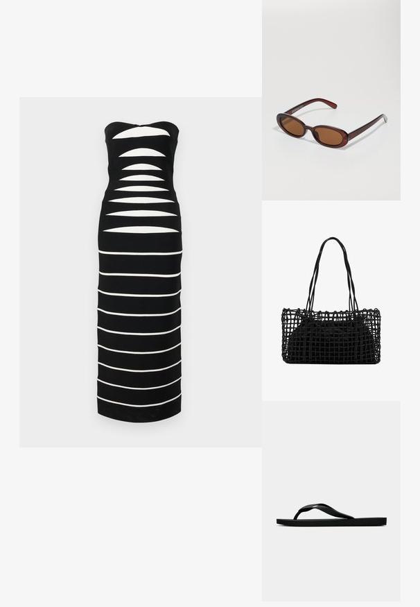 Hervé Léger THE CAMERON GOWN - Svetríkové šaty - black; Čierne gumené žabky s textúrovaným popruhom a jednoduchou plochou podrážkou, zobrazené z boku na jednofarebnom svetlom pozadí.; Okrúhle slnečné okuliare s hnedým nádychom a lesklým burgundským rámom. Úzke ramená s jemným brandovaním. Plochej šošovky dizajn.; Čierna tkaná kabelka s otvoreným sieťovým dizajnom a dvoma dlhými úchytmi. Obsahuje pevnú čiernu vnútornú tašku na uskladnenie.