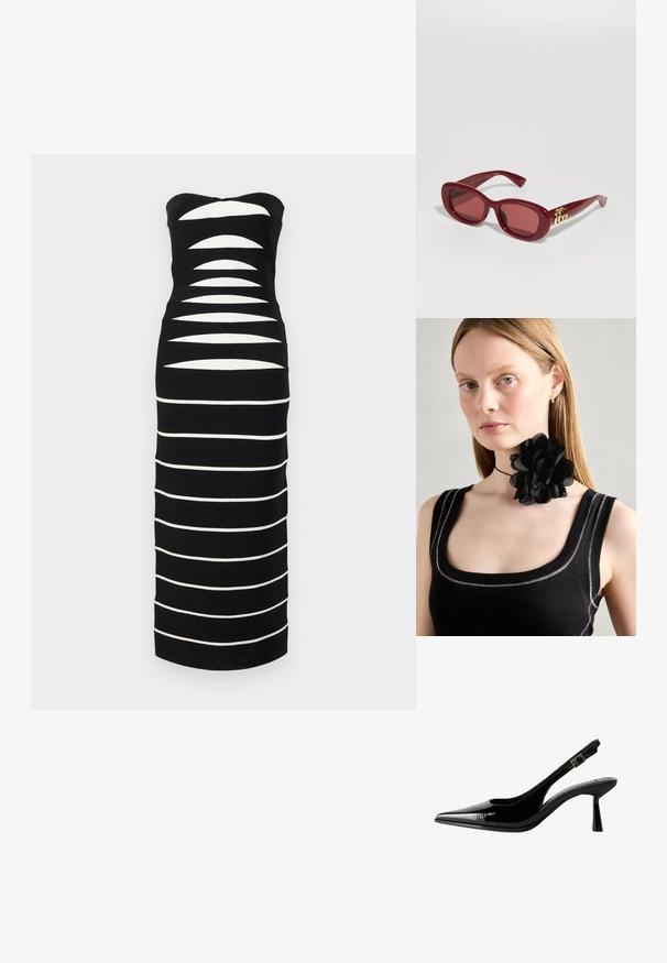 Hervé Léger THE CAMERON GOWN - Pulóverruha - black; Fekete lakk bőr slingback pumpa hegyes orral, kivágott oldalakkal, állítható boka pánttal és vékony, elegáns sarkával.; Piros műanyag napszemüveg téglalap alakú kerettel, árnyékolt lencsékkel és arany logóval a szárakon. Simább, fényes felület.; Fekete virág choker nyakörv, rétegelt szirmokból készült, fekete bordázott ujjatlan top mellett viselve, ezüst díszítéssel a nyakvonal mentén és a vállakon.