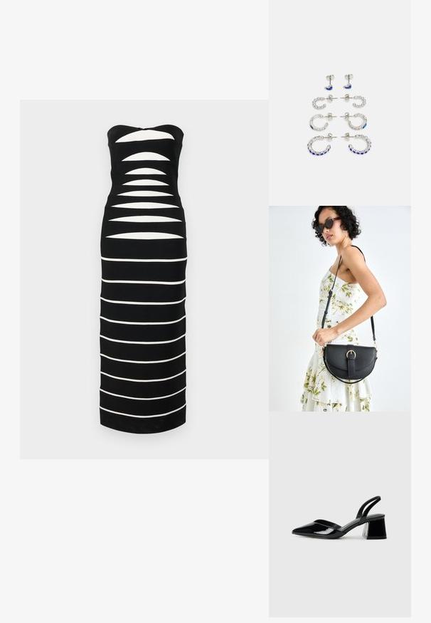 Hervé Léger THE CAMERON GOWN - Abito in maglia - black; Décolleté in vernice nera con punta affusolata e tacco in geometria cubica. Presentano un design elegante e minimalista, con una texture liscia.; Borsa a tracolla nera in pelle con una forma curva, manico rimovibile e accessori dorati. La borsa presenta una patta con un dettaglio a fibbia.; Set di sei orecchini in metallo di tonalità argento. Include design a perno e a cerchio con gemme blu e trasparenti, di diverse dimensioni e forme.