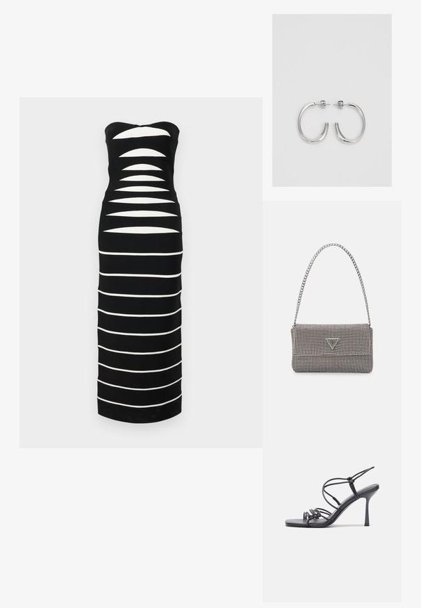 Hervé Léger THE CAMERON GOWN - Rochie tricotată - black; Sandale negre cu toc înalt au curele subțiri cu un design legat, un vârf pătrat neted și un toc stiletto elegant.; Geantă metalică gri deschis, cu un strap din lanț, decorată cu mici ținte circulare metalice și un logo de marcă triangular.; Cercei rotunzi din argint cu un finisaj neted și strălucitor. Design ușor, având o formă rotundă și închidere cu tijă.