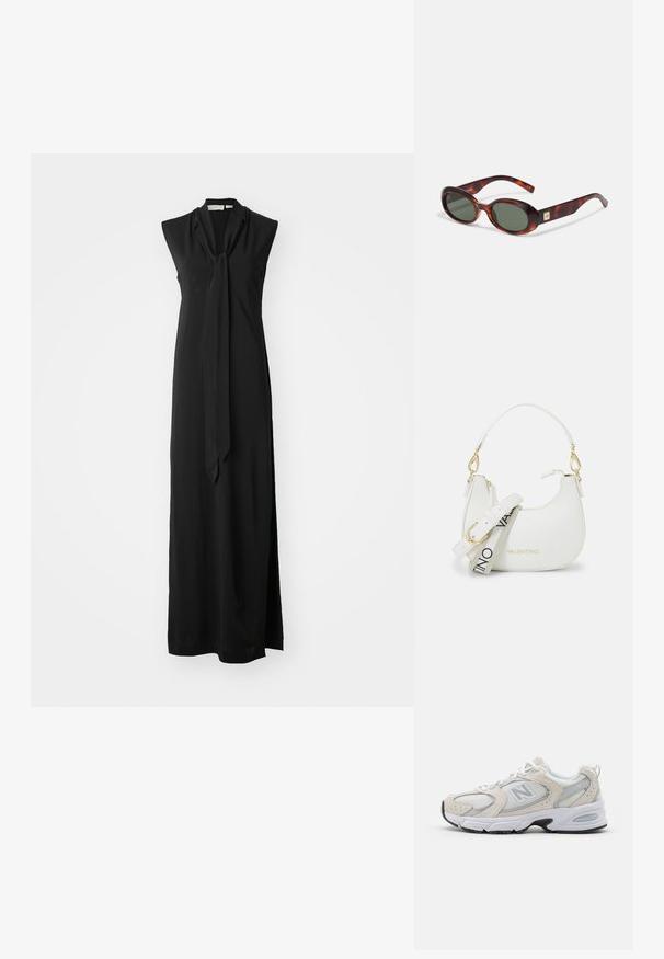 Černé maxi šaty bez rukávů s uvázaným límcem, splývavý materiál, boční rozparek a hladká textura. Jednoduchý a elegantní design.; Atletická obuv s lehkým šedým síťovaným svrškem s semišovými akcenty, bílými tkaničkami a černou gumovou podrážkou. Výrazným detailem je tlumení ABZORB.; Sluneční brýle ve stylu želvoviny s tmavými skly, oválným tvarem a širokými obrubami. Na boční straně je malý zlatý akcent. Hladký plastový materiál.; Bílá kabelka s zakřivenou siluetou, texturovaná kůže, zlaté kovové detaily a odnímatelný popruh s logem a přezkovým detailem.