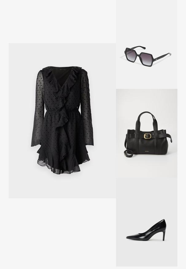 Schwarzes Kleid mit Polka-Dots, V-Ausschnitt mit Rüsche, langen durchsichtigen Ärmeln und elastischem Taillengummizug. Der Saum weist ein schichtweise Rüschendetail auf.; Schwarzer Lederhochschuh mit spitzem Zehenbereich, glatter Textur und schmalem Absatz. Minimalistisches Design, keine zusätzlichen Verzierungen.; Schwarze hexagonale Sonnenbrille mit Verlaufsgläsern, glänzender Oberfläche und dezentem Branding am Bügel. Aus langlebigem Kunststoff gefertigt.; Schwarze Lederhandtasche mit strukturiertem Design, doppelten oberen Griffen, goldfarbenem Schnallenakzent und geprägtem Markenlogo auf der Vorderseite.