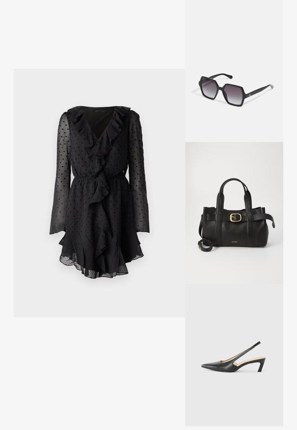 Schwarzes Kleid mit Polka-Dots, V-Ausschnitt mit Rüsche, langen durchsichtigen Ärmeln und elastischem Taillengummizug. Der Saum weist ein schichtweise Rüschendetail auf.; Schwarzer spitz zulaufender Slingback-Schuh mit niedrigem Absatz, der aus glattem Leder gefertigt ist und seitliche Ausschnitte für Atmungsaktivität aufweist.; Schwarze hexagonale Sonnenbrille mit Verlaufsgläsern, glänzender Oberfläche und dezentem Branding am Bügel. Aus langlebigem Kunststoff gefertigt.; Schwarze Lederhandtasche mit strukturiertem Design, doppelten oberen Griffen, goldfarbenem Schnallenakzent und geprägtem Markenlogo auf der Vorderseite.