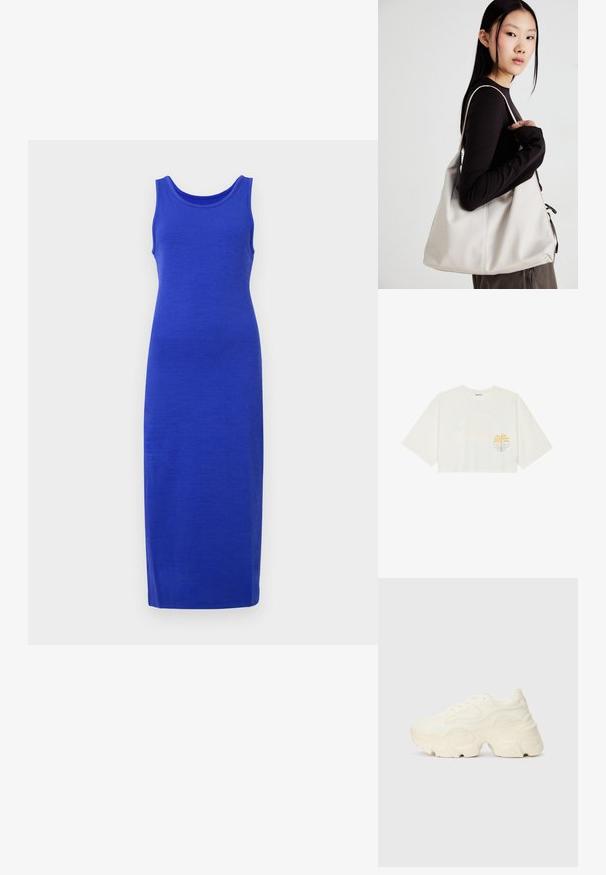 Modrá bezrukávová šaty z hladkej tkaniny, s okrúhlym výstrihom a dlhým, priliehavým strihom bez ďalších vzorov alebo detailov.; Zastrihnuté biele tričko z bavlny s krátkymi rukávmi, s grafikou žltej palmy a modrej vlny na ľavej hrudi.; Masívne biele tenisky vyrobené z texturovanej sieťoviny a syntetických materiálov, s hrubou podošvou a zložitými vzorovými detailmi na bokoch.; Béžová kabelka vyrobená z mäkkého materiálu, s uvoľneným dizajnom, prišitými detailmi a dvoma popruhmi na nosenie na pleciach. Vhodná na každodenné nosenie.
