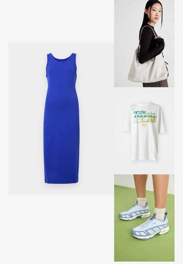 Zila bez piedurknēm kleita, izgatavota no gludas auduma, ar apaļu kakla izgriezumu un garu, pieguļošu siluetu bez papildu rakstiem vai detaļām.; Balta kokvilnas T-kreklu ar zaļu un dzeltenu grafisko druku, "Nike Tennis Club," ar tenisa motīviem un dibināšanas gadu 1972.; Gaiši zili sporta apavi ar baltajiem akcentiem, teksturētām paneļiem un ar rāvējslēdzēja aizdari. Raksturīga redzama gaisa amortizācijas zole un gumijas zole.; Bežs rokassoma, izgatavota no mīksta materiāla, ar brīvu dizainu, izšūtu apdari un divām plecu siksnām. Piemērota ikdienas lietošanai.