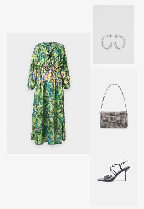 Pinko OLD LOVE ABITO STAMPA FOGLIE - Dnevna obleka - yellow/pink; Črne visoke sandale na peto imajo tanke naramnice z vozlom, gladek kvadratni toe in eleganten stiletto peto.; Svetlo siva kovinska torbica z verižnim ročajem, okrašena z majhnimi okroglimi kovinskimi bleščicami in trikotnim logotipom blagovne znamke.; Srebrne obročaste uhane z gladko, sijočo površino. Zaobljena oblika, lahka zasnova, z zapiranjem na zatič.