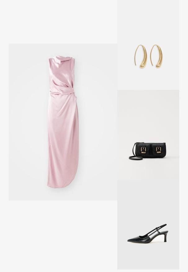 Vaaleanpunainen, silkkiä muistuttava mekko, jossa on roikkuva muotoilu, vyötäröllä solmittu yksityiskohta ja sivureikä lisäliikkuvuutta varten. Sileä pinta.; Musta patent slingback-kiilakorko teräväkärkisellä muotoilulla, jossa on teksturoitu käärmeennahkakuosi, säädettävä remmi ja lyhyt, teksturoitu blokkiheel.; Musta nahkainen olkalaukku, jossa on kaksi etutaskua, kultaiset soljet, vetoketjukiinnitys ja kapea hihna. Teksturoidun pinnan ja kompaktin suorakaiteen muoto.; Korvakorut kultasävytteistä metallista, joissa on kaareva, pitkänomainen muoto. Ominaisuuksiin kuuluu sileä, kiiltävä pinta ja pyöreä kärki lisäyksinä.
