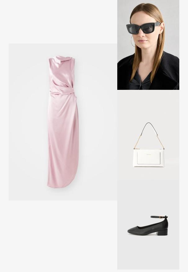 Silk-like, pink dress with a draped design, featuring a knotted detail at the waist and a side slit for added movement. Smooth texture.; Black leather pump with a pointed toe and a low block heel. Features an ankle strap with a gold-tone buckle. Smooth texture.; Black cat-eye sunglasses with dark lenses, thick frames, and subtle accents. Worn with a black coat and gray top, featuring long straight hair.; White leather handbag with a textured finish, featuring a gold chain strap and black accents. Includes a front pocket and zipper closure.