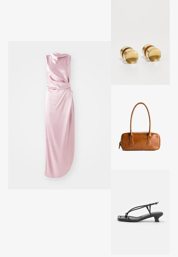 Abito rosa simile alla seta con un design drappeggiato, caratterizzato da un dettaglio annodato in vita e una fessura laterale per un movimento aggiuntivo. Texture liscia.; Sandalo in pelle nera con cinturini sottili, tacco basso a blocco e punta quadrata. Presenta una chiusura con fibbia e una superficie liscia.; Borsa a tracolla in pelle marrone con due manici lunghi, forma rettangolare, texture liscia, chiusura con zip e dettagli in metallo color argento.; Orecchini in metallo dorato con una semplice forma rotonda, caratterizzati da una finitura liscia e una fascia centrale lucida. Misurano circa 1 cm di diametro.