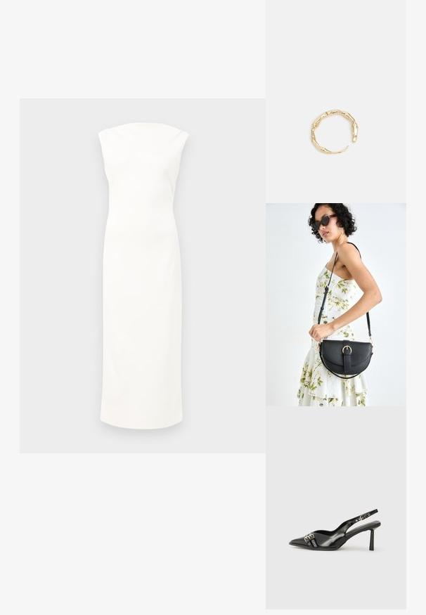 Bela brezrokavna obleka s prilegajočim krojem, do kolen, iz gladkega blaga in z diskretnim, visokim ovratnikom. Minimalističen in neokrašen slog.; Črne patentne usnjene sandale s koničastim nosom, zankami okoli gležnja s srebrnimi sponkami in opremo ter vitkimi petami.; Črna usnjena torbica s ukrivljeno obliko, z odstranljivo naramnico in zlatimi dodatki. Torbica ima pokrov s podrobnostmi v obliki zaponke.; Zlati prstan s organskim, zvitim dizajnom, gladko površino in taperiranimi konci, ki ustvarja modernega, skulpturalnega videza.