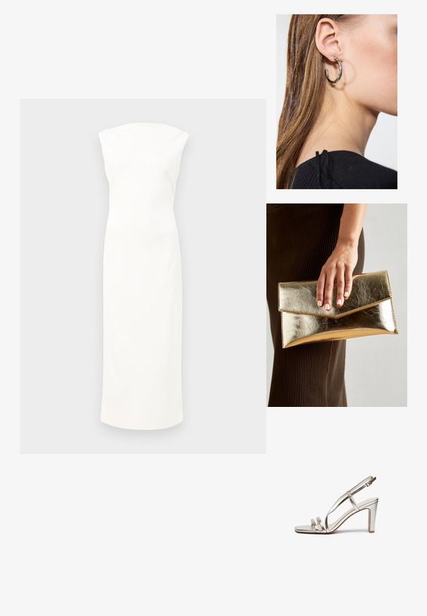 Valge ilma varrukateta kleit, mis on vormitud, põlvepikkune, sujuva kangaga ja peene kõrge kaelusega. Minimalistlik ja lihtne stiil.; Metallilise hõbedase värvi kõrge kontsaga sandaal avatud varbaga, millel on jalas kolm õhukest rihma ja pahkluuring koos kinnitusega.; Kuldne metallist käekott, millel on sile tekstuur ja kolmnurkne klapp. Kotti hoidev käsi on hoolikalt maniküüritud küüntega.; Hõbedane rõngas kõrvarõngas poleeritud viimistlusega, millel on väikesed kuldsed aktsendid ja ümmargune kuju, kantud lobus.