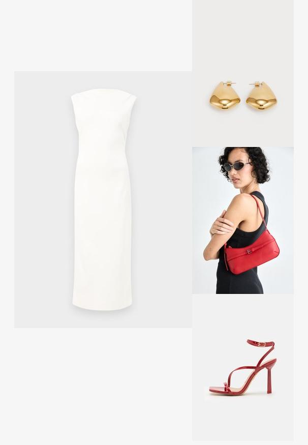 Bela brezrokavna obleka s prilegajočim krojem, do kolen, iz gladkega blaga in z diskretnim, visokim ovratnikom. Minimalističen in neokrašen slog.; ALDO SCINTILLA - Sandali z visoko peto - red; Rdeča usnjena torbica za ramo z gladko teksturo, ukrivljeno zasnovo in dekorativno zaponko. Prilagodljiv trak in zadrga.; Zlato obarvani kovinski uhani z gladko, zaobljeno trikotno obliko in zasnovo s pritrditvijo na zadnji strani; odbojna površina z minimalnim detajliranjem.
