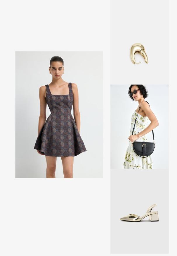 Nainen, joka on pukeutunut ilmanhihaiseen, kuviolliseen, liehuvaan minimekkoon, jossa on neliön muotoinen pääntie ja kultaiset korvarenkaat, seisoo valkoista taustaa vasten.; Kultaiset, metalliset slingback-kengät, joissa on teräväkärkiset ja paksut korot. Sileä pinta, minimalistinen muotoilu ja kapea hihna.; Musta nahkainen käsilaukku, joka on kaareva muotoilultaan, irrotettavalla hihnalla ja kultaisilla yksityiskohdilla. Laukussa on läppä, jossa on solk yksityiskohta.; Kultahipuinen korvakoru, jossa on sulavalinjainen, kaareva muotoilu. Ominaisuuksiin kuuluu erottuva terävä muoto, kiillotettu pinta ja sarana kiinnitys.