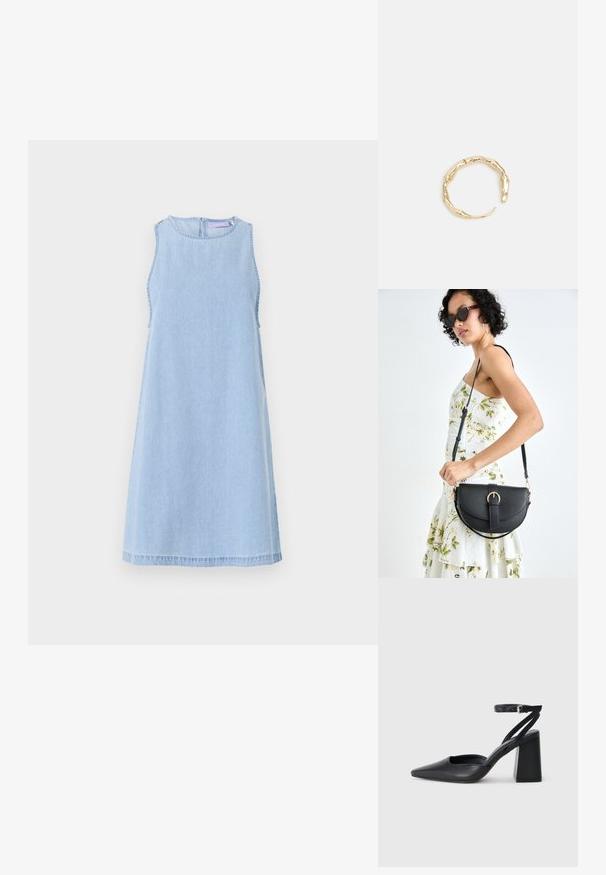 Šviesiai mėlynas džinsinis suknelė be rankovių su apvalia iškirpte. Yra šoninės siūlės detalės ir A formos siluetas. Uždarymo sistema nugaroje su užtrauktuku.; Juoda odinė smailiagalė aukštakulnio bateliai su kulkšnies dirželiu ir storu kulnu. Lygus paviršius, elegantiškas dizainas ir minimalistiška estetinė. ; Juodas odinis krepšys su išlenkta forma, nuimamu dirželiu ir auksiniais detalėmis. Krepšys turi kilpą su sagtimi.; Auksinės spalvos žiedas, turintis organišką, sukimosi dizainą su lygiu paviršiumi ir siaurėjančiais galais, sukuriantis modernią skulptūrinę išvaizdą.