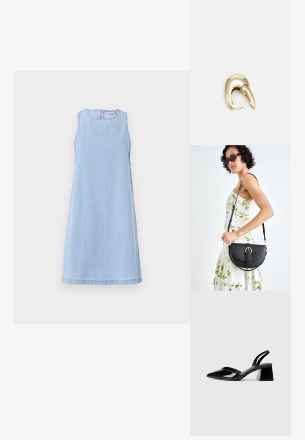 Šviesiai mėlynas džinsinis suknelė be rankovių su apvalia iškirpte. Yra šoninės siūlės detalės ir A formos siluetas. Uždarymo sistema nugaroje su užtrauktuku.; Juodos lakuotos odinės šlepetės su smailiu pirštu ir geometriniu bloko kulnu. Turi elegantišką, minimalistinį dizainą ir lygų paviršių.; Juodas odinis krepšys su išlenkta forma, nuimamu dirželiu ir auksiniais detalėmis. Krepšys turi kilpą su sagtimi.; Aukso tono metalinės auskarai su stilingu, kreiviu dizainu. Išsiskiria ryškiu smailiu pavidalu, poliruota paviršiumi ir užsegimu su vyriu.