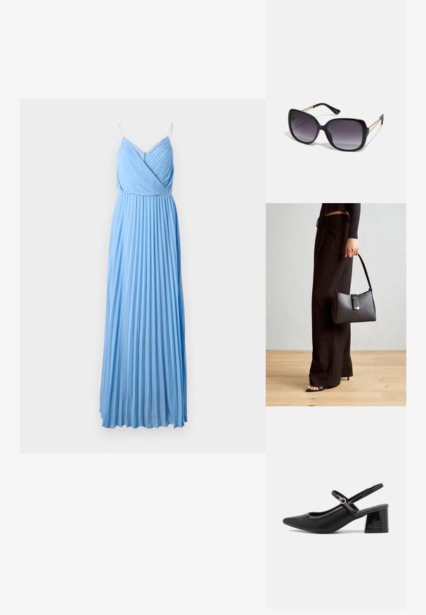 Svetlo modra maksi obleka z drsnimi naramnicami in V-izrezom. Izdelana iz gladkega materiala, z elegantnimi, tekočimi linijami.; Črne patentne usnjene salonarce s slingback obliko, s koničastim nosom, zaobljenim izrezom in blok peto. Imajo zlato kovinsko zaponko kot dodatno okrasje.; Črne prevelike sončne očala z degradacijskimi lečami, debelimi okvirji in zlatimi verižicami na ročajih.; Črna torbica z strukturirano obliko, gladko teksturo in kovinskim zaponko. Ujemajo se z širokimi črnimi hlačami in odprtimi sandali na lesenem tleh.