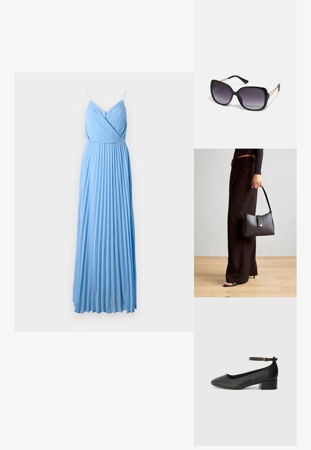 Lys blå plisserte maxikjole med justerbare spaghetti-stropper og v-utringning. Laget av glatt stoff, med elegante, flytende linjer.; Sorte skinnpumper med spiss tå og lav blokkhelt. Har ankelrem med gullfarget spenne. Glatt tekstur.; Sorte oversized solbriller med gradient linser, tykke rammer og detaljering med gulltonekjede på tempelarmene.; Svart håndveske med strukturert form, jevn tekstur og metallisk lås. Kombinert med brede svarte bukser og sandaler med åpen tå på tregulv.