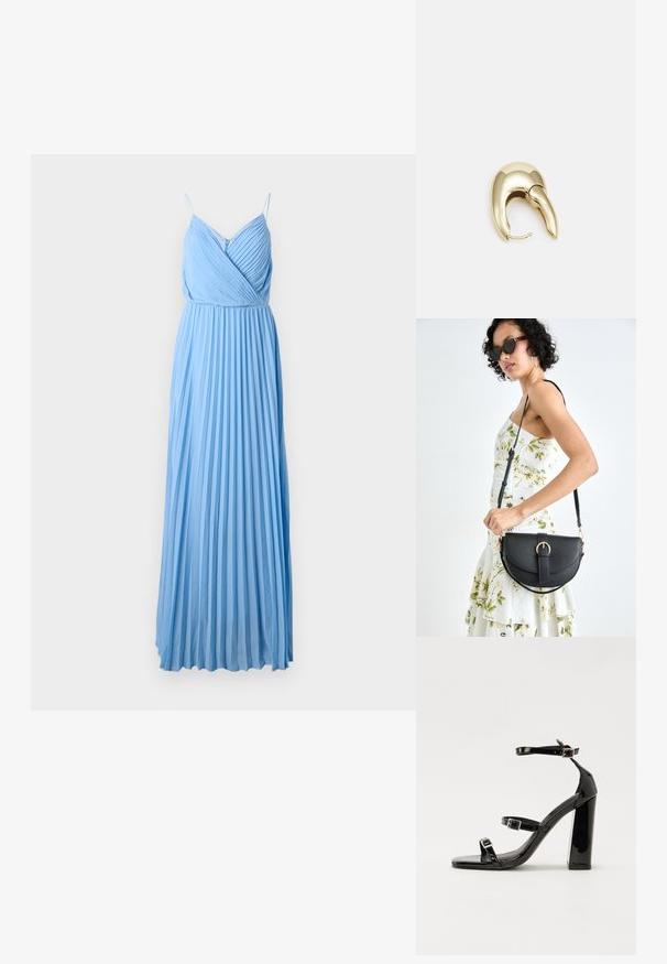 Gaiši zila pleitota maxi kleita ar regulējamiem spageti siksniņām un V-veida izgriezumu. Izvēlēta no gludas auduma, ar eleganti plūstošām līnijām.; Melnas lakotas augstpapēžu čības ar kvadrāta purngalu, potīšu siksniņām un sudraba sprādzēm. Aprīkotas ar masīvu bloku papēdi stabilitātei.; Melnas ādas rokassoma ar izliekta formu, noņemamu siksnu un zelta aksesuāriem. Somai ir vāciņš ar sprādzes detaļu.; Zeltīti metāla auskari ar gludu, izliekta dizaina. Ar atšķirīgu smailu formu, pulētu virsmu un eņģu aizdari.