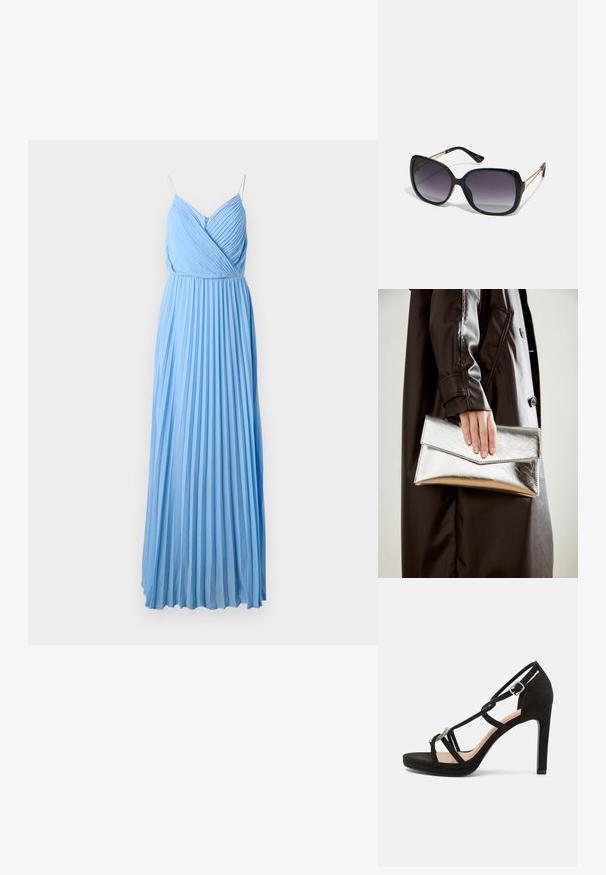 Vaaleansininen laskostettu maksi mekko, jossa on säädettävät ohuet olkaimet ja V-kaula-aukko. Valmistettu sileästä kankaasta, jossa on tyylikkäitä, virtaavia linjoja.; Mustat mokkanahkasaappaat, joissa on ristikkäiset hihnat, koristeellinen hopeanvärinen yksityiskohta ja korkea pohja lisäkorkeutta varten.; Mustat ylisuurten kehysten aurinkolasit, joissa on liukuväri-linssit, paksut kehykset ja kultasävyiset ketjustuskoristeet temppeleissä.; Hopeinen metallinen clutch-angular kirjekuorimuotoilu, sileä pinta ja kontrastivärinen sisustus, pidetään kädessä, jossa on musta takki.
