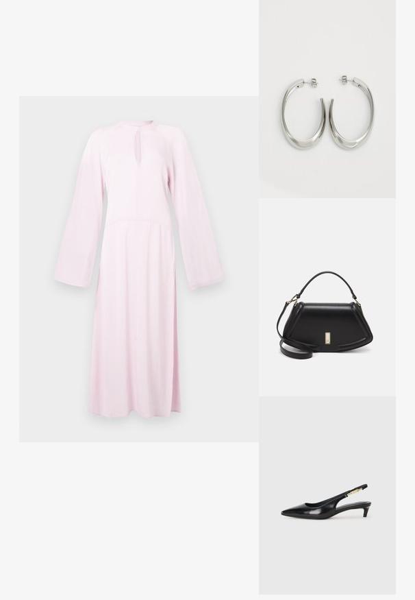 Light pink long-sleeve midi dress with a high neckline, front keyhole cutout, and loose flowing sleeves.; Black leather slingback heels with a pointed toe, featuring a slim heel and a gold-tone accent on the adjustable strap. Smooth texture.; Black leather handbag with a structured design, featuring a cropped shape, top handle, and gold hardware accent. Adjustable shoulder strap included.; Silver hoop earrings with a smooth, curved design. Features a shiny metallic finish and stud closure. No visible patterns or accents.