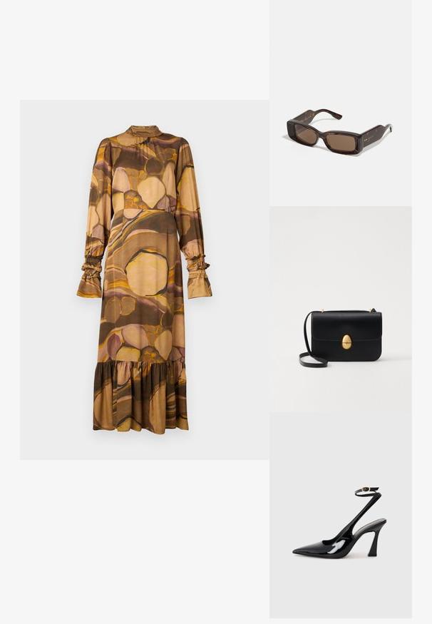 Ilgų rankovių suknelė iš minkštų mišrių medžiagų, su rudai ir kreminės spalvos abstrakčiu raštu, aukštu šalmu, volanų apykaklėmis ir volanų apdaila.; Juodai lakuoti slingback aukšti kulniukai su smailiu nosiu, reguliuojama čiurnos juostele ir vidutinio dydžio blokiniu kulnu. Lygus paviršius su blizgiu apdaila.; Gucci akiniai su stačiakampiais rudi objektyvais, vėžlio kiauto acetato rėmu ir auksiniu logotipu šventyklose.; Juodas odinis rankinukas su struktūrine stačiakampio forma. Yra auksinė ovali sagtis ir plona petneša. Glotni tekstūra.