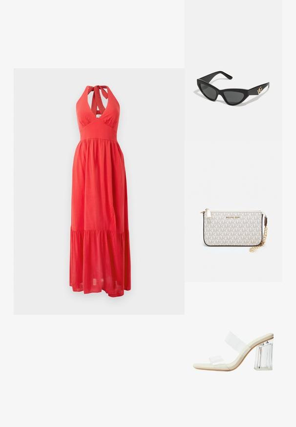 Piros, nyakpántos maxi ruha mély V-nyakkivágással, testhezálló bodice-szal és átölelő, réteges szoknyával. Könnyű anyagból készült, sima textúrával.; Átlátszó pántokkal, bézs talpbetéttel és vastag, átlátszó tömbsarokkal rendelkező, áttetsző sarokkal készült szandálok. Simább, letisztult dizájn, minimalista esztétikával.; Macska szemformájú napszemüveg matt fekete műanyag kerettel, sötét lencsékkel és arany logóval a szárán. Szögletes kialakítás és sima felület.; Michael Kors bézs bevonatos vászon karkötő, amely ismétlődő MK logó mintával, aranyszínű fémrészletekkel és levehető lánchordóval rendelkezik.