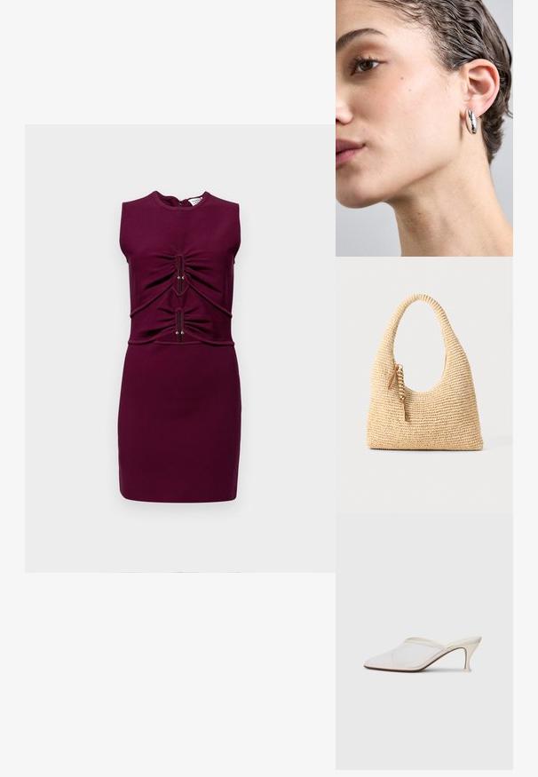 Obopnuté bezramienkové šaty v hlbokej burgundskej farbe, s naťahovaním v oblasti pása a hladkým, elastickým materiálom. Zips na zadnej strane.; Biele sieťované lodičky s špicatou špičkou, s úzkym stredne vysokým podpätkom a bez zapínania, na jednobodovom pozadí.; Tkaná béžová kabelka s zakrivenou rukoväťou, štruktúrovaným povrchom a hnedým strapcom. Má uvoľnený, hobo tvar.; Strieborný kovový kruhovej náušnice s hladkým, reflexným povrchom, oválnym tvarom a jemnou hrúbkou, zobrazený v detailnom zábere.