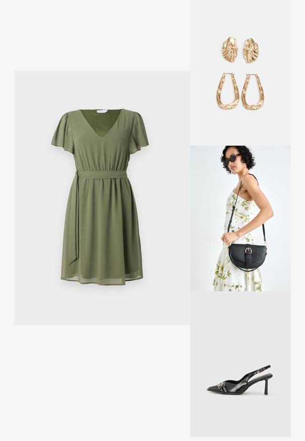 Robe vert olive, manches courtes à volants, décolleté en V, taille cintrée avec une ceinture assortie, jupe fluide, texture lisse, détails minimaux.; Chaussure slingback en cuir verni noir avec un embout pointu, des brides de cheville avec des boucles en argent et des éléments en métal, et un talon fin.; Sac à main en cuir noir avec une forme courbée, bandoulière amovible et des accessoires en or. Le sac est doté d'un rabat avec un détail de boucle.; Boucles d'oreilles dorées présentant des formes texturées et ondulées. Comprend des clips sculpturaux et un design de créoles ouvertes avec une finition martelée.