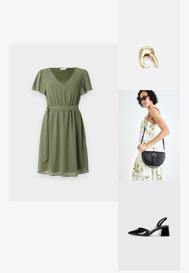 Maslinasta zelena haljina, kratke lepršave rukave, V-izrez, struk s uloženim pojasom, lepršava suknja, glatka tekstura, minimalni detalji.; Crne lakirane kožne sandale s otvorenom petom i špicastim vrhom, s geometrijskom blok petom. Imaju elegantan, minimalistički dizajn i glatku teksturu.; Crna kožna torba s lukovitim oblikom, odvojivim remenom i zlatnim detaljima. Torba ima preklop s kopčom.; Zlatne metalne naušnice s elegantnim, zakrivljenim dizajnom. Imaju karakterističan šiljast oblik, poliranu površinu i zatvaranje na šarku.