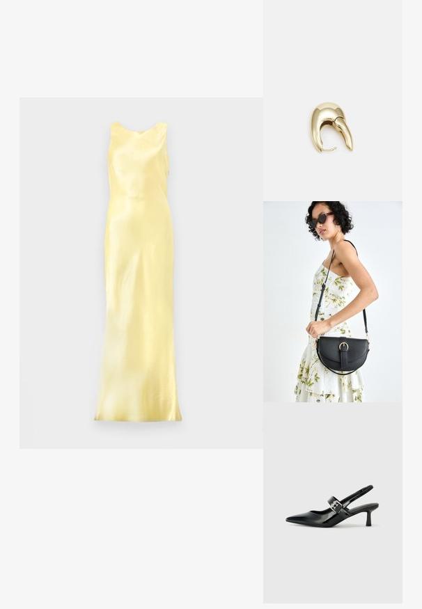 Satin dzeltena vakara kleita ar bezmugura dizainu, apaļu kakla izgriezumu un piegulošu siluetu, izceļot gludu, spīdīgu tekstūru.; Melnas lakotas ādas sūkņa kurpes ar norādītu purngali un mazu bloku papēdi, ar sudraba sprādzi akcentā uz jostas.; Melnas ādas rokassoma ar izliekta formu, noņemamu siksnu un zelta aksesuāriem. Somai ir vāciņš ar sprādzes detaļu.; Zeltīti metāla auskari ar gludu, izliekta dizaina. Ar atšķirīgu smailu formu, pulētu virsmu un eņģu aizdari.