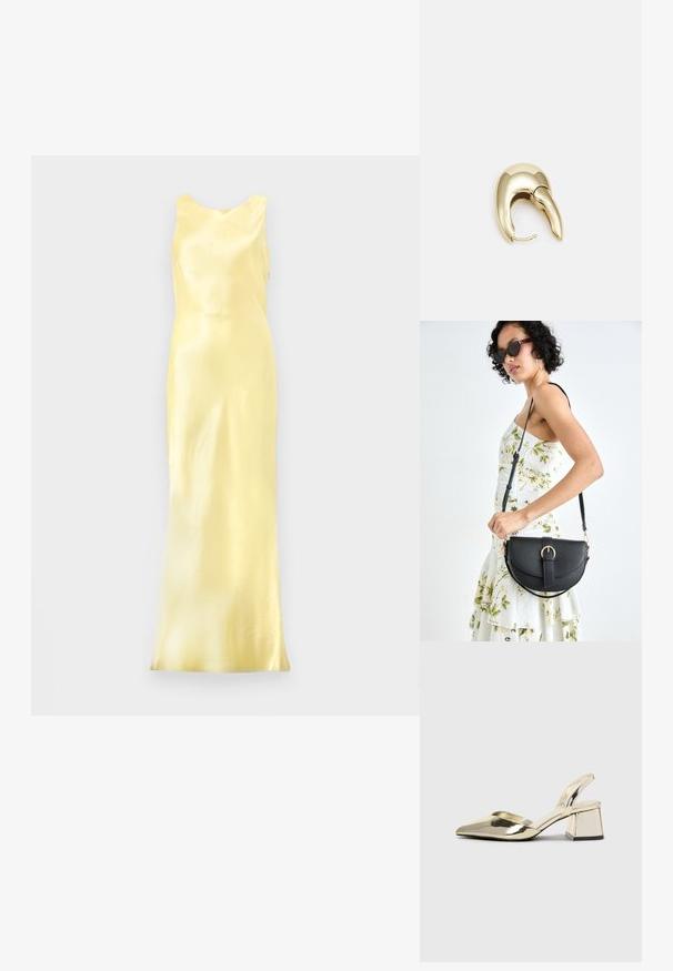 Satinová žlutá večerní šaty s bezramenným designem, kulatým výstřihem a přiléhavým siluetou, která vystihuje hladkou, lesklou texturu.; Kovové zlaté pantofle na podpatku s špičatou špičkou a masivním podpatkem. Hladký povrch, minimalisticý design a úzký pásek.; Černá kožená kabelka s křivkovým tvarem, odnímatelným popruhem a zlatými detaily. Kabelka má klopu s přezkou.; Náušnice ve zlatém tónu z kovu s elegantním zakřiveným designem. Vyznačují se jedinečným špičatým tvarem, lesklým povrchem a závěsem na kloub.