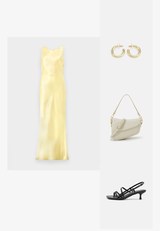 Satino geltonas vakarinis suknelė be rankovių, su apvaliu kaklu ir prigludusia siluetu, demonstruojanti lygų, blizgų paviršių.; Juodos aukštakulnės šlepetės su keliais perrištomis juostelėmis. Lygi medžiaga, smailas nosis ir siauras kulnas. Reguliuojama kulkšnies juostelė su sagtimi.; Mažas kreminis rankinukas su tekstūruotu paviršiumi, ilga reguliuojama juostele, grandinėle ir užsegimu su atvartu. Aukso detalės.; Aukso auskarai su lygiu, blizgiu paviršiumi. Apvalus dizainas su maža užrakto dalimi ir skaidria atrama saugiam nešiojimui.